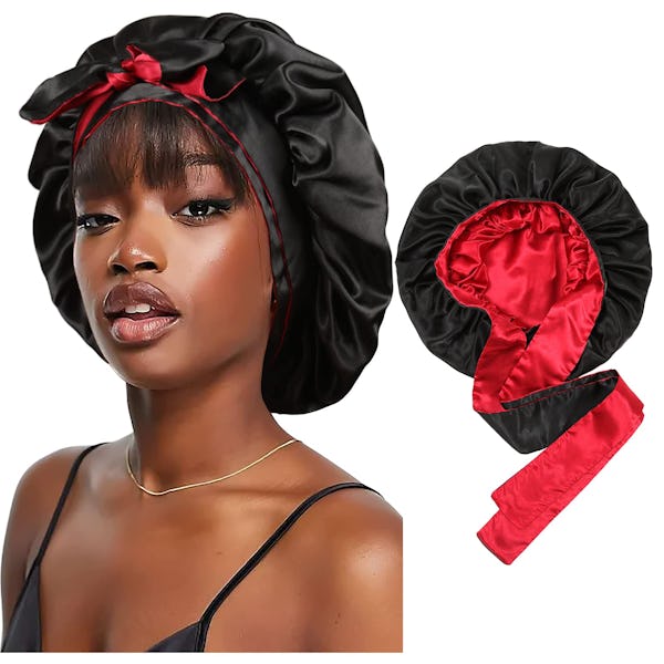 Satin Bonnet Silk Sleep cap Hair Bonnets for Black Women Stretchy Tie Band Hair  cap for curly Hair Silk Hair Wrap(BlackRed) - Onceit