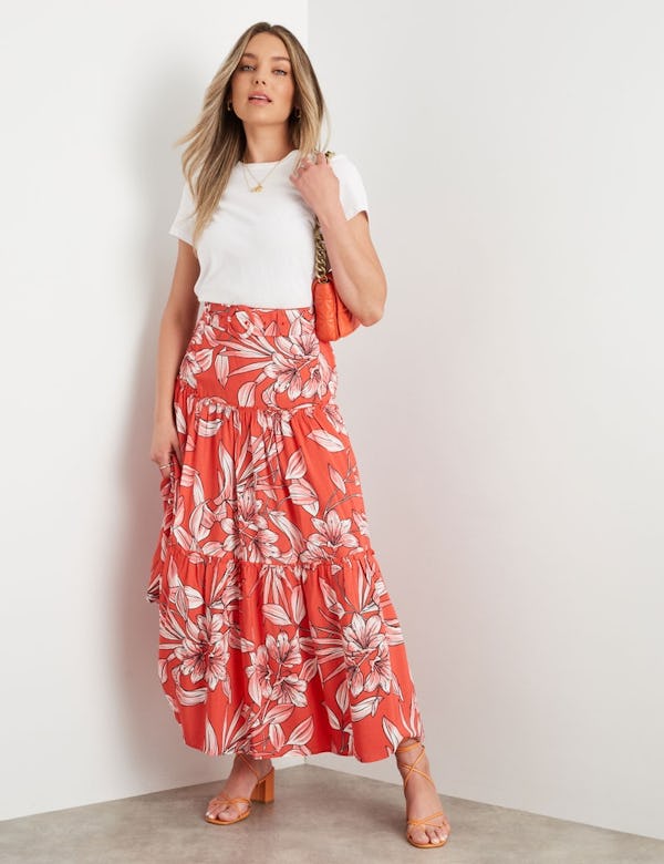 Women's Rockmans Belted Tiered Frill Maxi Skirt - Onceit