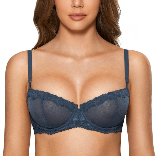DOBREVA Womens Sexy Lace Bra Underwire Balconette Unlined Demi Sheer Plus  Size Sargasso 36D - Onceit