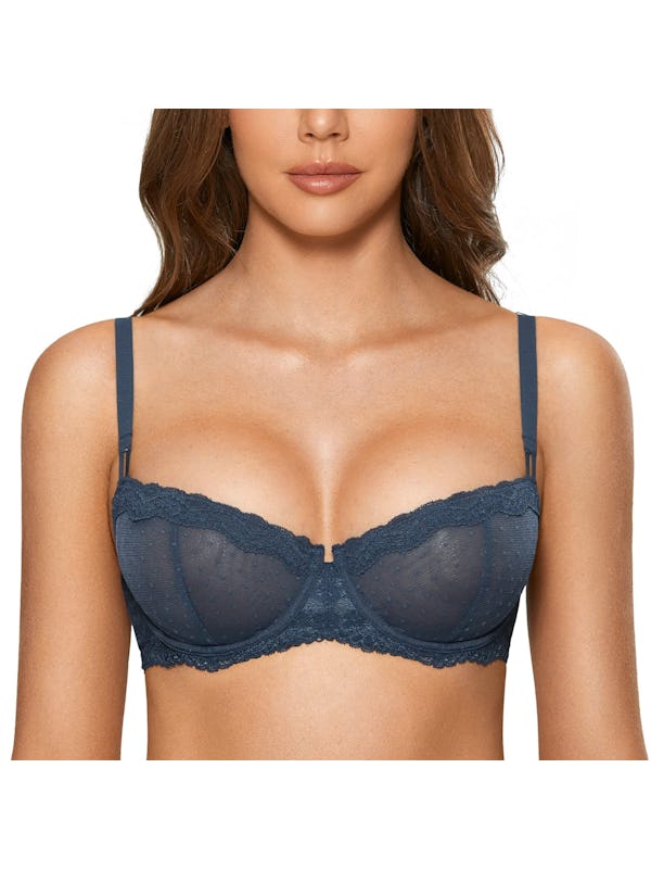 DOBREVA Womens Sexy Lace Bra Underwire Balconette Unlined Demi Sheer Plus  Size Sargasso 36D - Onceit