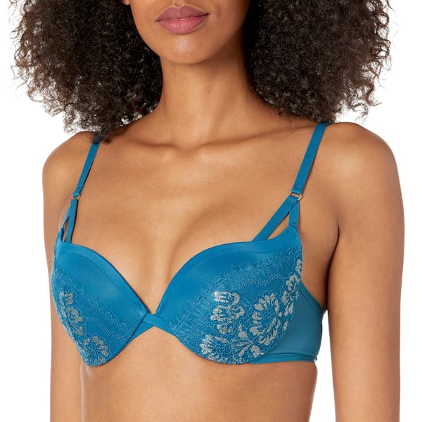 Maidenform Underwire Demi Bra, Best Push-Up Bra with Wonderbra Technology,  Smoothing Lace-Trim Bra with Push-Up cups, Petro Teal W gold, 38D - Onceit