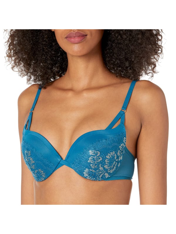 Maidenform Underwire Demi Bra, Best Push-Up Bra with Wonderbra Technology,  Smoothing Lace-Trim Bra with Push-Up cups, Petro Teal W gold, 38D - Onceit