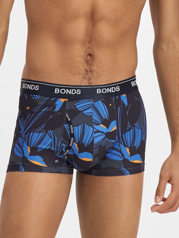 6 x Bonds Microfibre Guyfront Mens Underwear Trunks Blue/Black/Orange  Flower Microfibre Trunk Blue/Black/Orange Flower (1E4) - Onceit