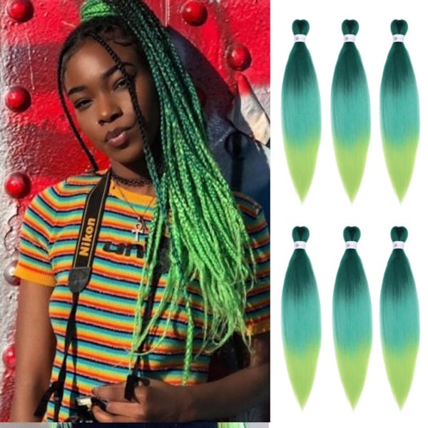 Pre-Stretched Braiding Hair Ombre green Braiding Hair Extensions 26 Inch 6  packs Hot Water Setting Professional Soft Yaki Synthetic crochet Braidsreen  to Yellow - Onceit