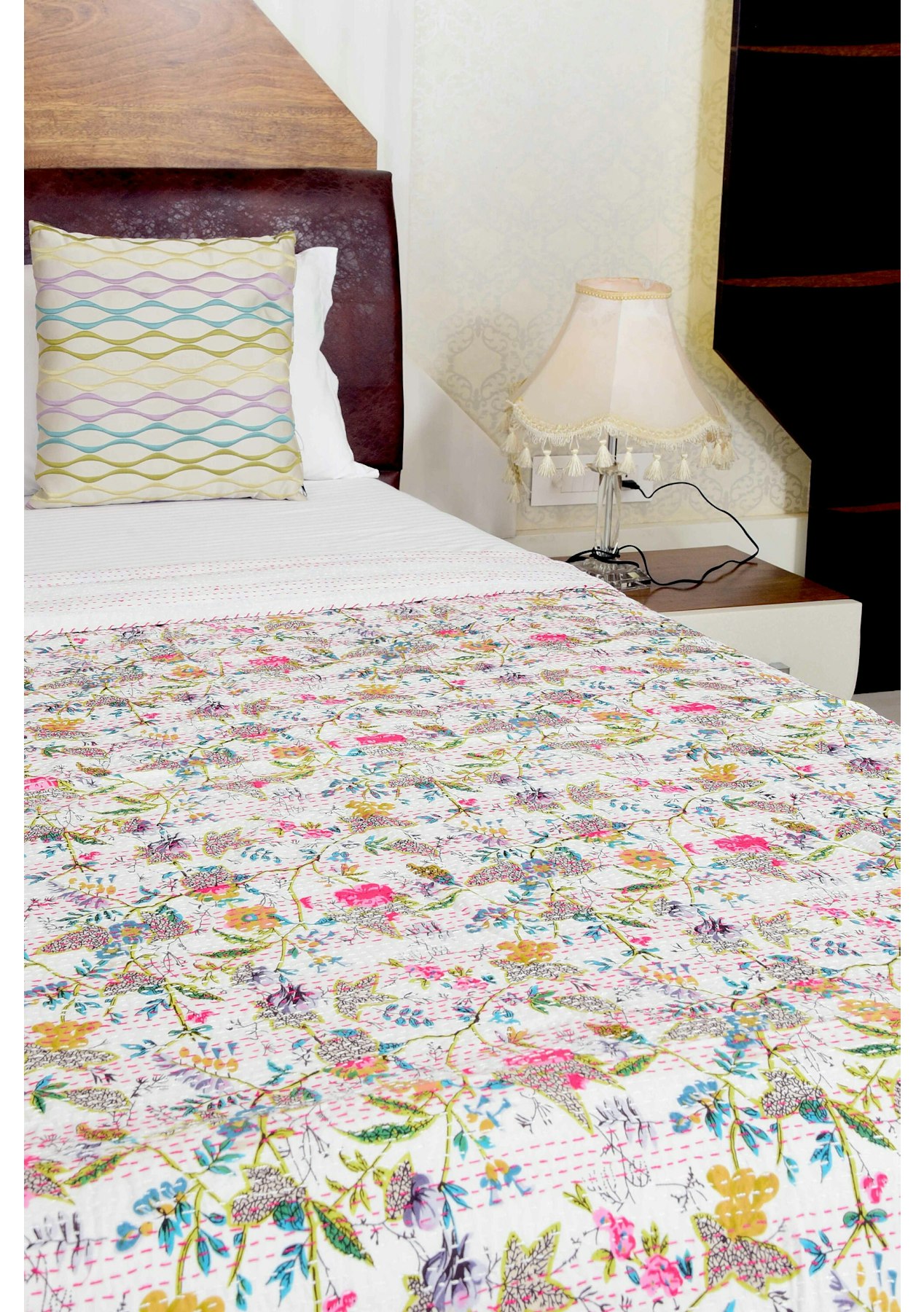 Flower Print KING Kantha Quilt Blanket BedCover Bedspread sheet throw coverlet 
