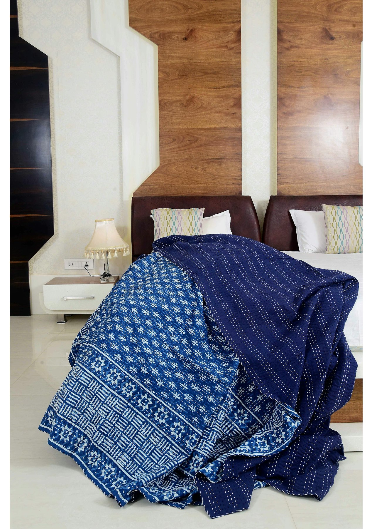 Indian Embroidery Kantha Quilt Bedspread Block Print Throw Cotton Blue 