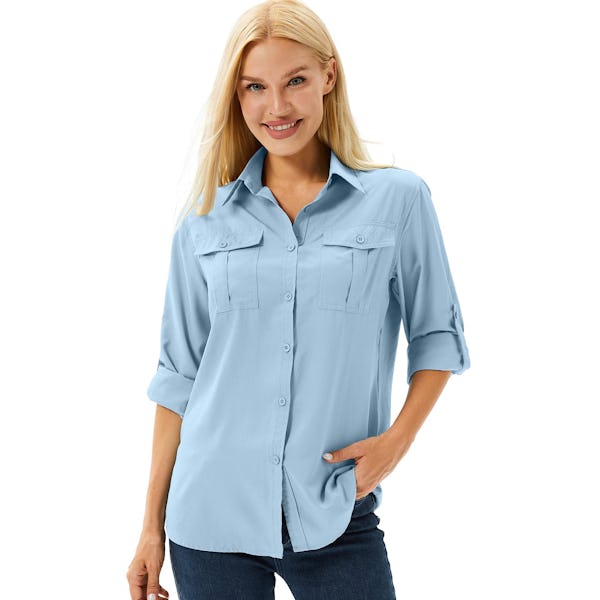 Womens Long Sleeve Shirts UPF 50 UV Sun Protection Safari Shirt, Outdoor  cool Quick Dry Fishing Hiking gardening PgF clothes 5070-Blue-XL - Onceit