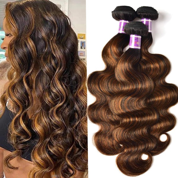 Unice Brown Highlight Body Wave Human Hair Weave 3 Bundles 22 24 24 Inches,  Brazilian Remy Hair Ombre Blonde Human Hair Wavy Weaves Sew In Fb30 Piano  Color - Onceit