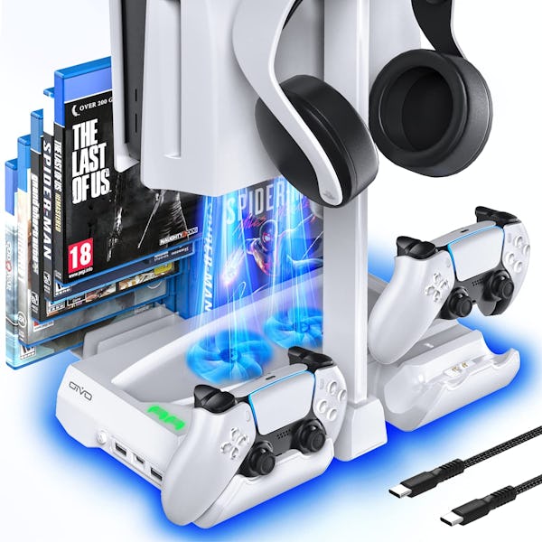 PS5 Stand and Cooling Station with Dual Controller Charging Station  Compatible with PS5 Controller,Compact PS5 Accessories with Cooling  Fan,Controller
